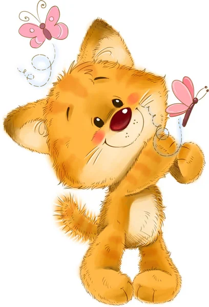 Glowworm, kelebek, firefly böcek, tebrik kartı illüstrasyon ile sevimli kırmızı çizgili kedi yavrusu