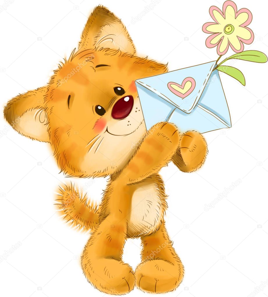 The cute kitten with love letter and flower greeting card illustration.