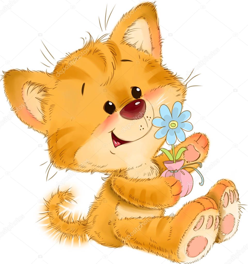 The cute red striped kitten with flower pot, flower greeting card illustration.