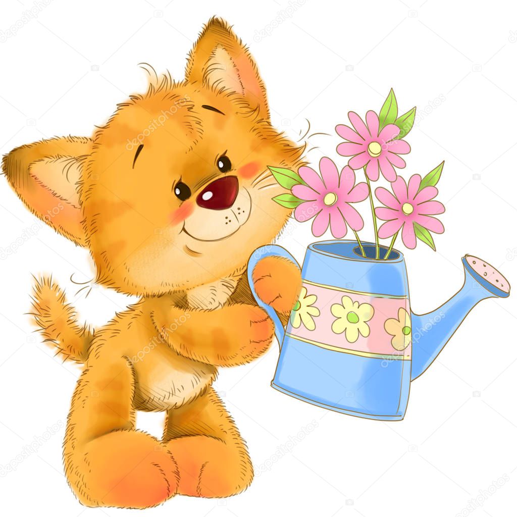 The cute red striped kitten with watering can flower greeting card illustration.