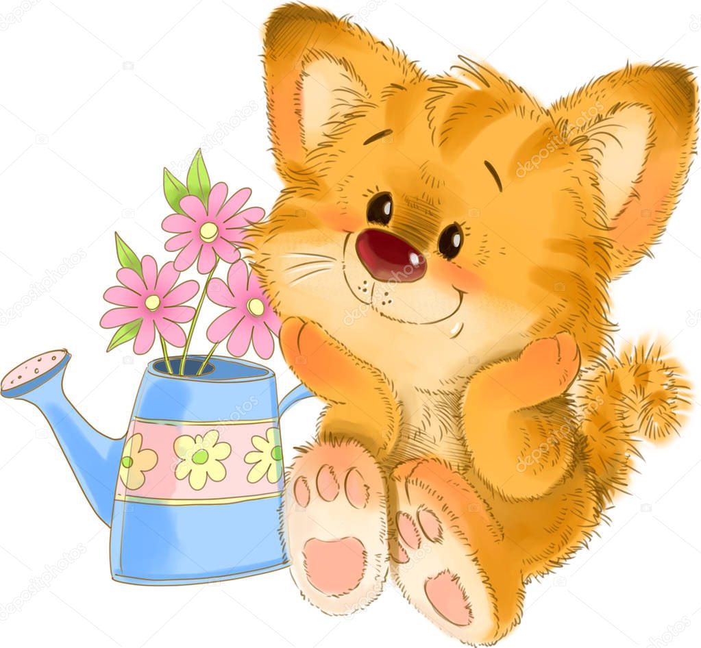 The cute red striped kitten with watering can flower greeting card illustration.