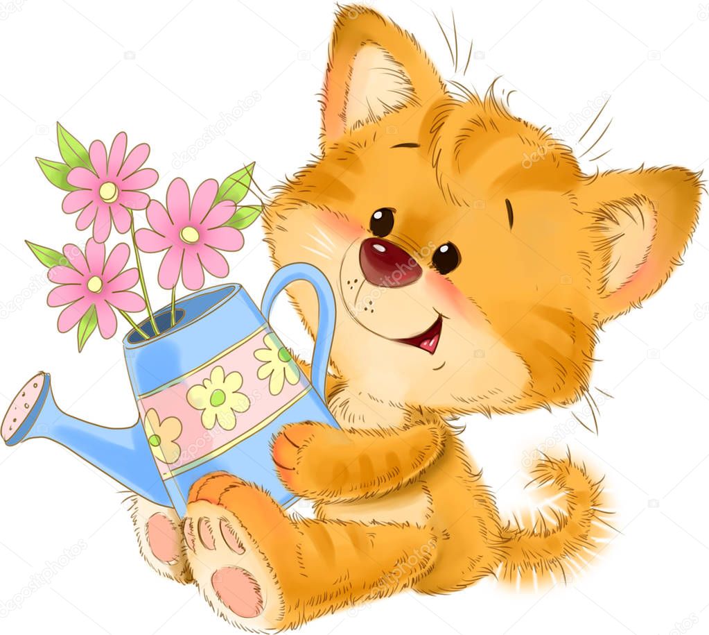 The cute red striped kitten with watering can flower greeting card illustration.