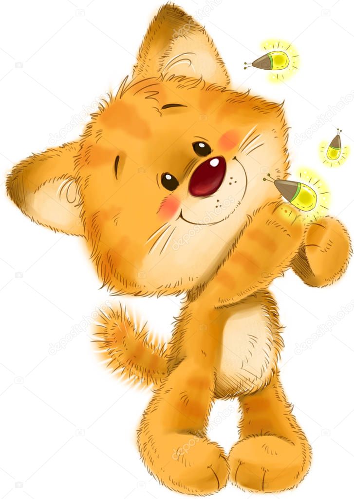 The cute red striped kitten with glowworm, firefly bugs, greeting card illustration.