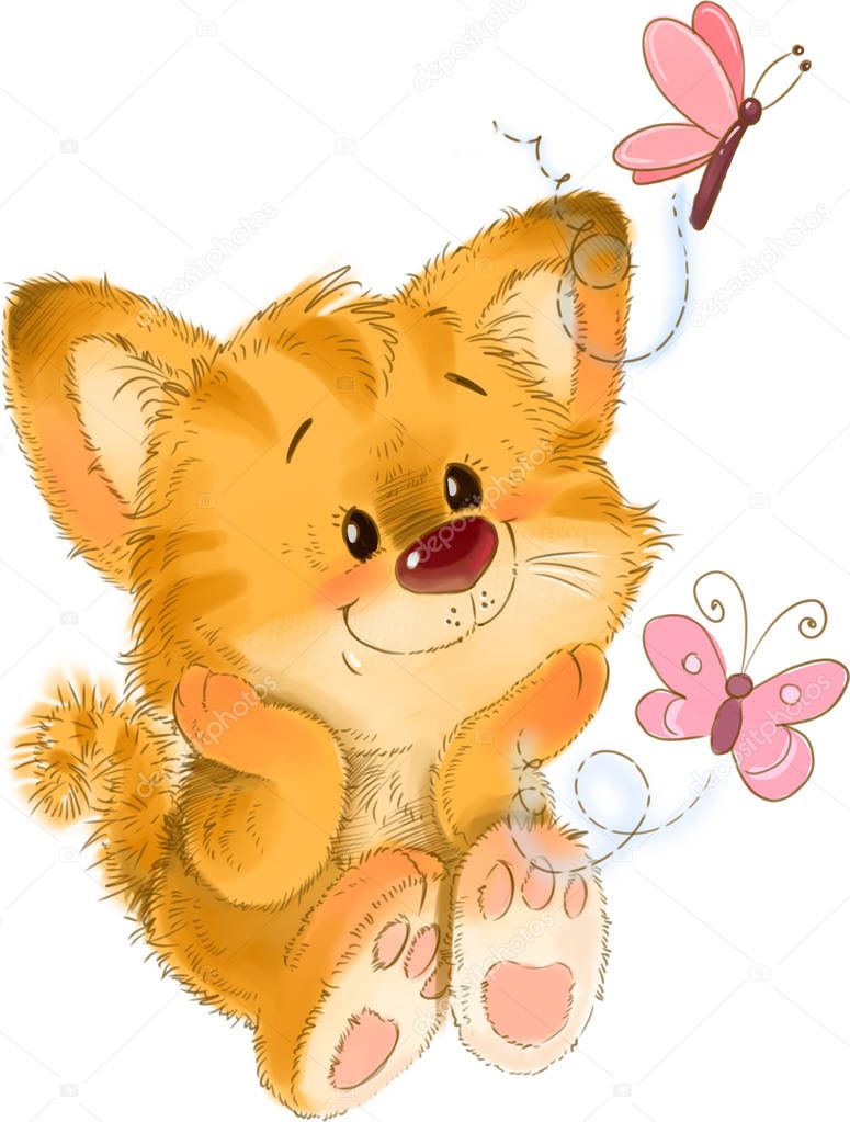 The cute red striped kitten with butterflies bugs, greeting card illustration