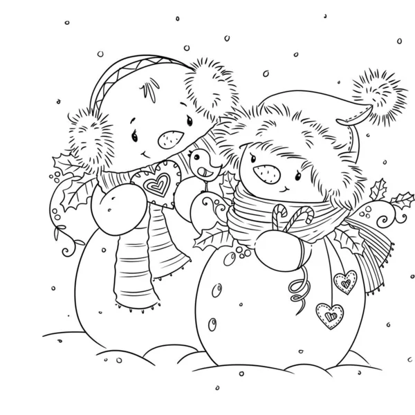 幸せそうな笑顔の雪だるまの輪郭を描きました。●可愛いイラスト彩画ページ。デジタルスタンプ. — ストック写真