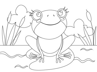 Yeşil şirin bebek kurbağa boyama sayfasının çizgi film vektörü çizimi