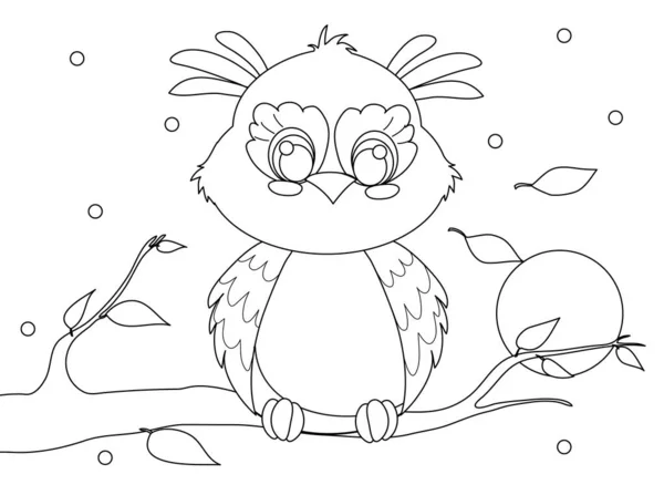Cute cartoon owl sitting on a branch contour coloring page. Night. — Stock Vector