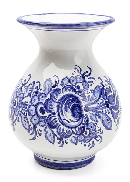Vase Céramique Blanche Peint Motif Fleur Bleue — Photo