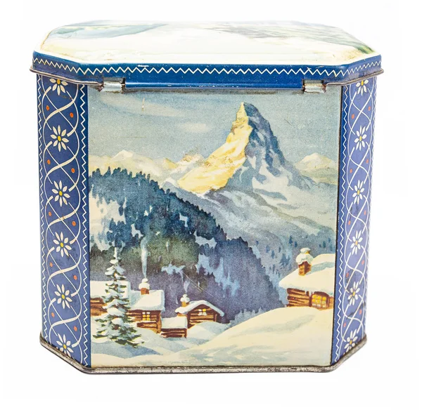 Ізольована Металева Коробка Розписом Гірської Зимової Сцени — стокове фото