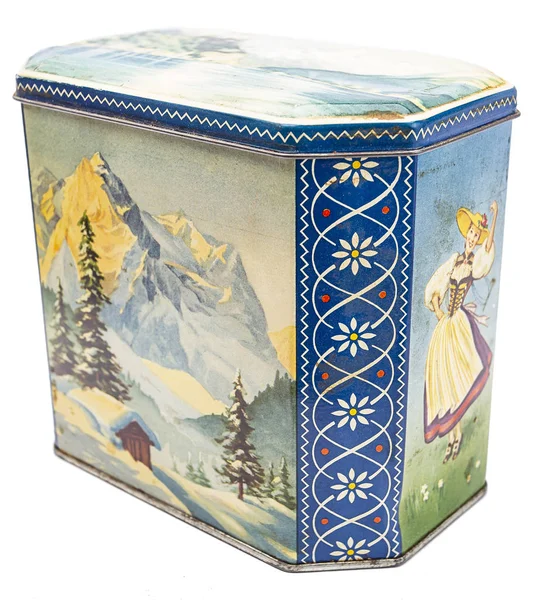 Odizolowane Metalowe Pudełko Malowaniem Górskiej Sceny Zimowej — Zdjęcie stockowe