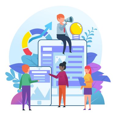 Mobil uygulama, Web sitesi oluşturma işlemi, takım. Web tasarım stüdyosu. İnsanlar büyük smartphone ve tablet stand. Sosyal medya, afiş, tanıtım için poster. Düz tasarlamak vektör