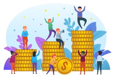 Büyük duran küçük sevimli insanlar sikke yığını. Tasarruf, gelir büyüme, finansal başarı. Sosyal medya, web sayfası, afiş, tanıtım için poster. Düz tasarlamak vektör
