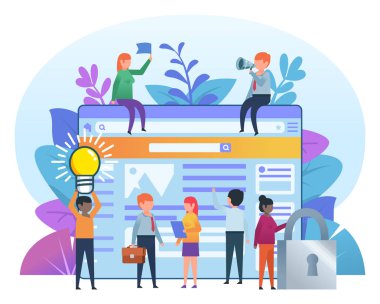 Başarılı web stüdyo, takım. Küçük insanların büyük web sayfası çalışma. Web sitesi oluşturma işlemi. Sosyal medya, web sayfası, afiş, tanıtım için poster. Düz tasarlamak vektör
