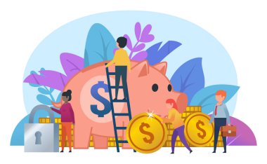 Küçük insanlar, büyük kumbara çalışma altın sikke. Güvenli tasarruf, finansal büyüme kavramı. Sosyal medya, web sayfası, afiş, tanıtım için poster. Düz tasarlamak vektör