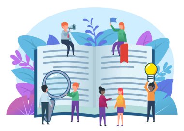 Küçük sevimli insanlar büyük kitap stand. Eğitim kavramı, kitap okumak. Sosyal medya, web sayfası, afiş, tanıtım için poster. Düz tasarlamak vektör