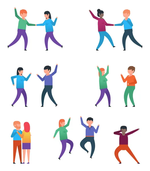 Personajes Divertidos Bailando Conjunto Personas Bailando Varios Estilos Diseño Plano — Archivo Imágenes Vectoriales