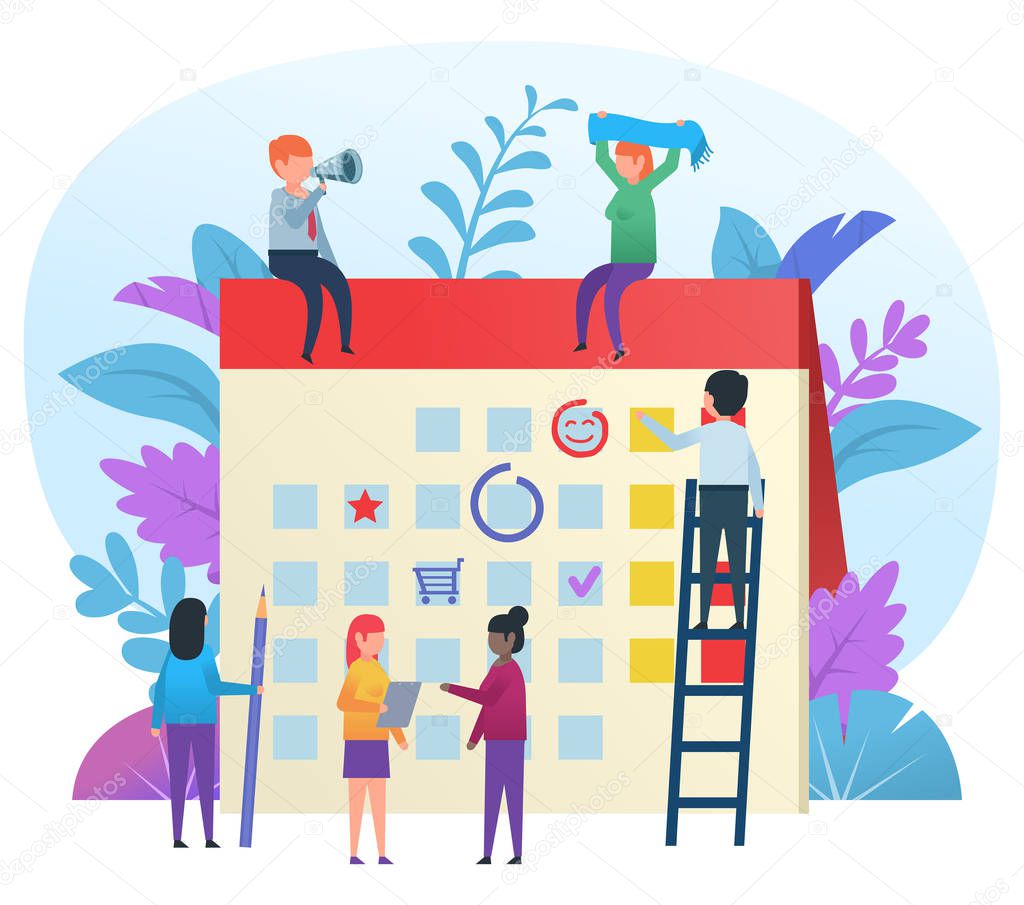 Small cute people working and showing various actions near big calendar. Time management concept. Poster for web page, banner, presentation, social media. Flat design vector illustration