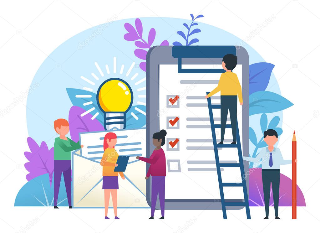 Small people working near big documents, clipboard, to do list. Business planning concept. Poster for social media, web page, banner, presentation. Flat design vector illustration