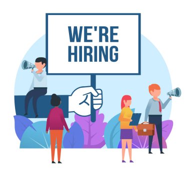 Büyük alkış tutarak yakın duran küçük insanlar işareti işe vardır. İş işe alım, boşluk kavramı. Sosyal medya, web sayfası, afiş, tanıtım için poster. Düz tasarlamak vektör