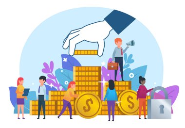 Küçük insanlar sikke yığını stand, büyük el madeni para almıştır. Finansal başarı, gelir, tasarruf büyüme. Sosyal medya, web sayfası, afiş, tanıtım için poster. Düz tasarlamak vektör