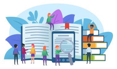 Küçük insanlar büyük kitap stand. Eğitim, online okuma, e-okuyucu. Poster sunu, web sayfası, afiş, sosyal medya için. Düz tasarlamak vektör