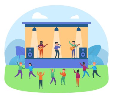 Sahnede dans insanlar iskambil müzik grubu. Müzik Festivali, konser. Poster sunu, web sayfası, afiş, sosyal medya için. Düz tasarlamak vektör