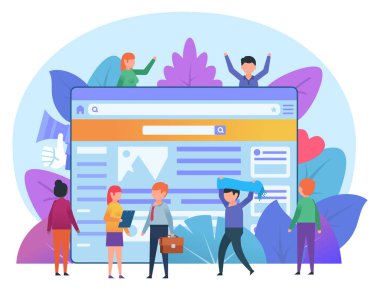 Küçük insanlar web sayfası stand. Web tasarım yaratma stüdyosu, takım. Sosyal medya, web sayfası, afiş veya sunum için poster. Düz tasarlamak vektör