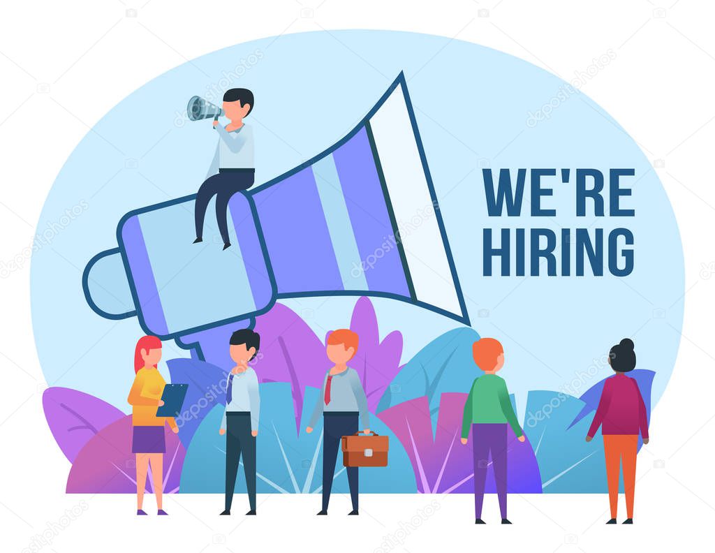Small people stand near big loudspeaker. We're hiring, job recruitment concept, vacancy. Poster, card for presentation, web page, banner, social media. Flat design vector illustration