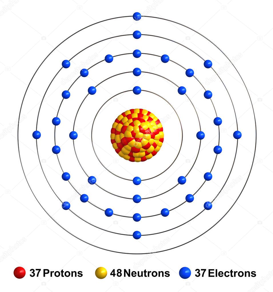 3d render of atom structure of rubidium isolated over white backgroun