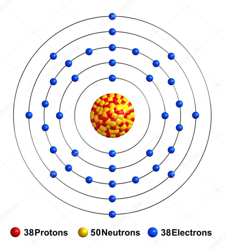 3d render of atom structure of strontium isolated over white backgroun