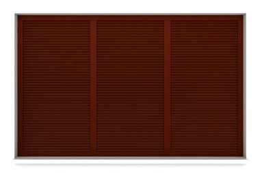 Beyaz arkaplanda dış panjurları izole edilmiş 3 boyutlu ahşap pencere çerçevesi