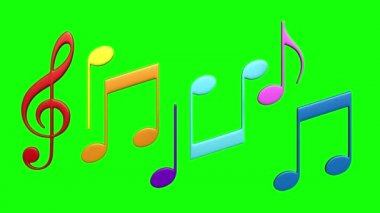 Yeşil ekrandaki soyut müzik notalarının 3D canlandırması 