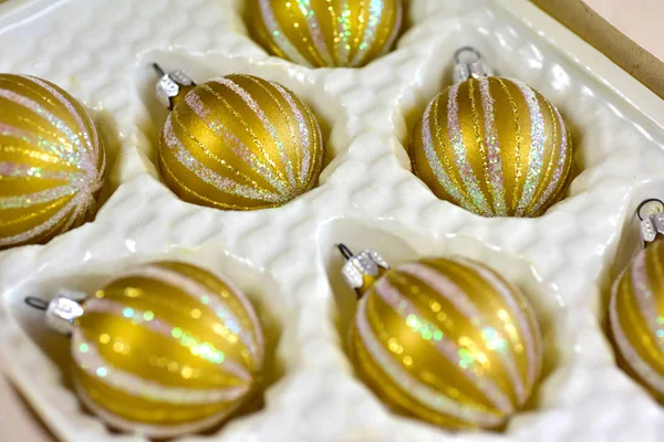Golden Christmas Vintage Ornaments Set Box — Stock Photo, Image