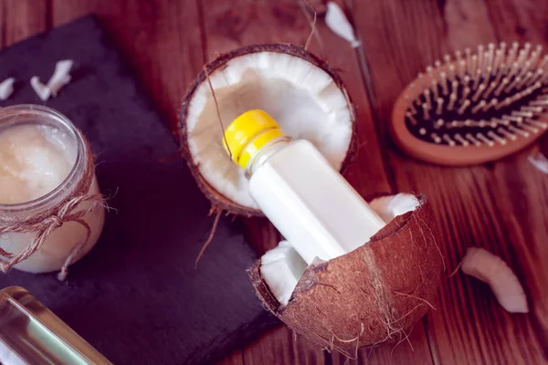 Haarborstel Een Set Van Kokosproducten Van Olie Melk Voor Haarverzorging — Stockfoto