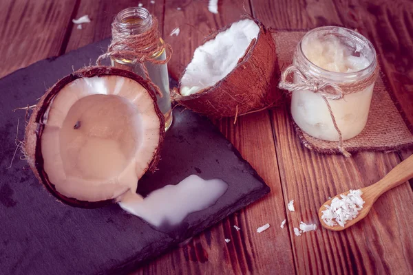Set Van Kokosproducten Van Olie Melk Voor Haarverzorging Lichaam — Stockfoto
