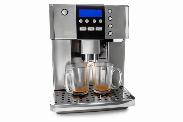 杯のコーヒーとミルクの水差し白い背景の上の自動コーヒー メーカー — ストック写真