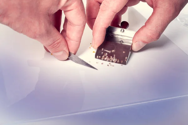 Hands Man Hold Scoop Sort Diamonds — Stock Photo, Image