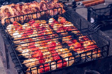 Üzerinde metal bir mangal şiş üzerinde domates etli hazırlanması