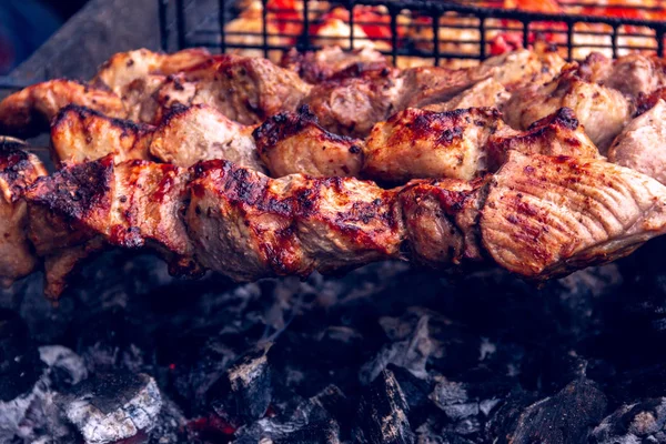 Üzerinde metal bir mangal şiş üzerinde domates etli hazırlanması