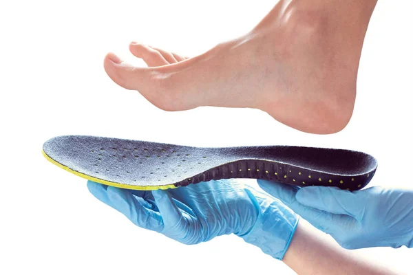 Hands Rubber Gloves Hold Orthopedic Insole — Stock Photo, Image