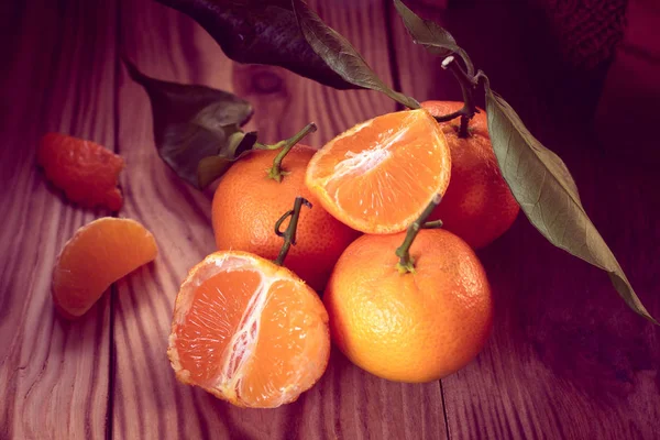 Tangerines Leaves Wooden Background Christmas Still Life — Stock Photo, Image