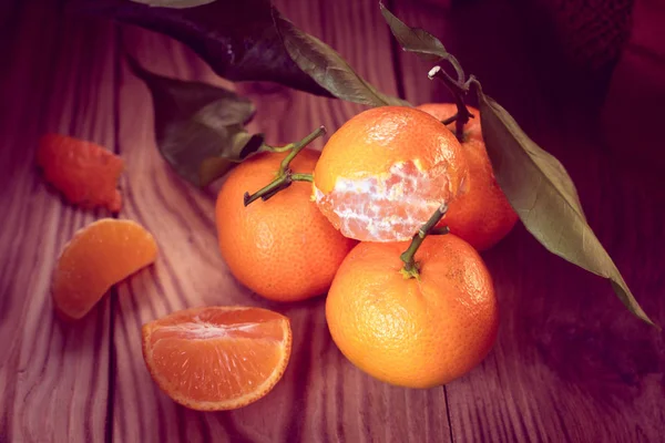 Tangerines Leaves Wooden Background Christmas Still Life — Stock Photo, Image