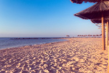 deniz kıyısında saman şemsiye silueti 