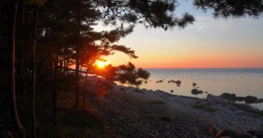 Zaman atlamalı bir taş astar Çam ağaçların arkasında sıcak bir gün batımının plaj kapalı