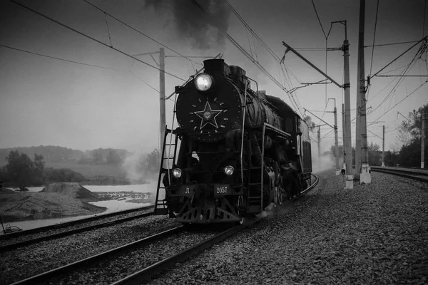 Soviet Locomotive Rushes Ways Morning — 스톡 사진