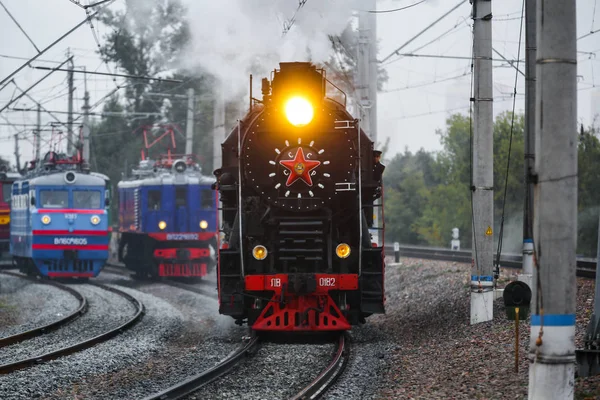 Locomotive Soviétique Précipite Long Chemin Matin — Photo