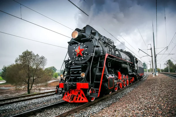 Soviet Locomotive Rushes Ways Morning — Stock Photo, Image