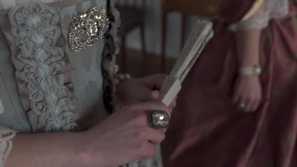 Středověká koule v paláci Rundale s krásnými kostýmy pro turisty-staromódní starodávný styl — Stock video