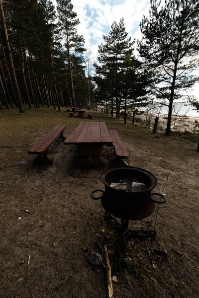 Gyönyörű távoli piknik és kemping helyszínen, közel a Balti-tenger egy fenyves erdőben egy szikla strand a háttérben-Veczemju Klintis, Lettország, április, 2019 — Stock Fotó