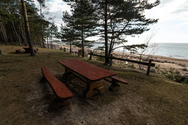 Schöner entfernter Picknick- und Zeltplatz in der Nähe der Ostsee in einem Kiefernwald mit einem Geröllstrand im Hintergrund - veczemju klintis, Lettland, April 2019 — Stockfoto